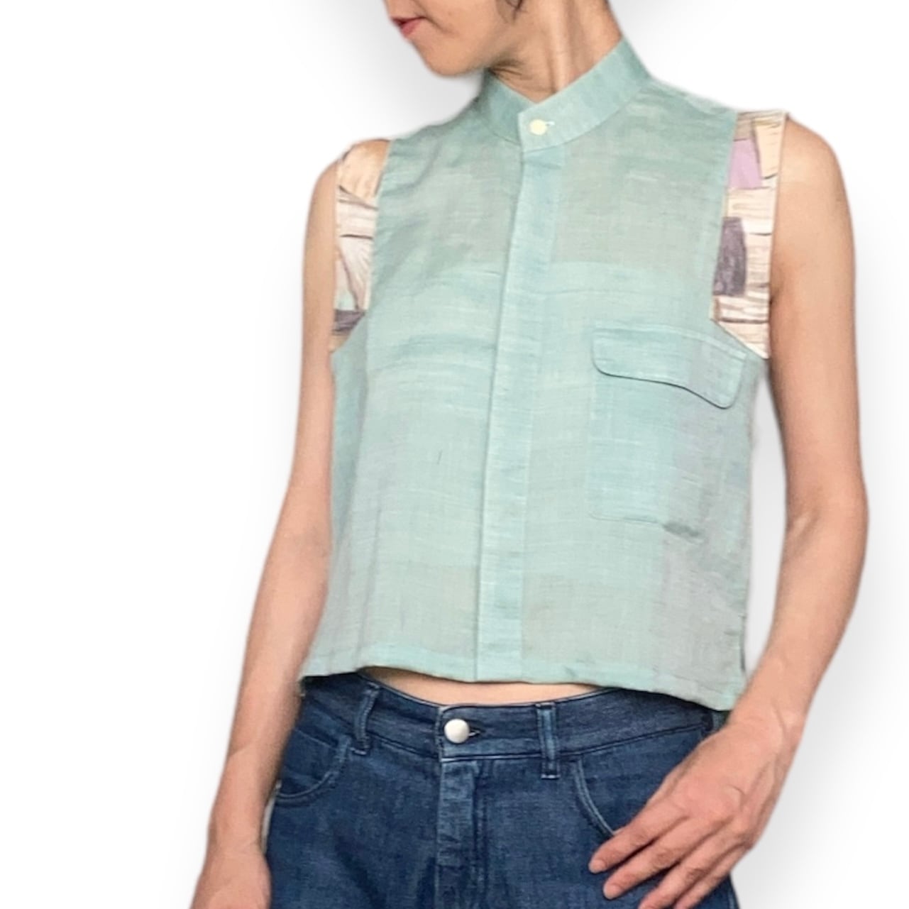 ZOZOTTE リメイク ノースリーブ襟袖ブラウス/グリーン