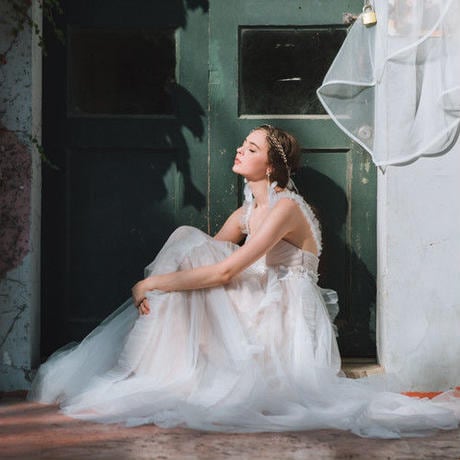 肩紐付きエンパイアドレス チュール 夢幻 森ガール系 ロング ドレス  