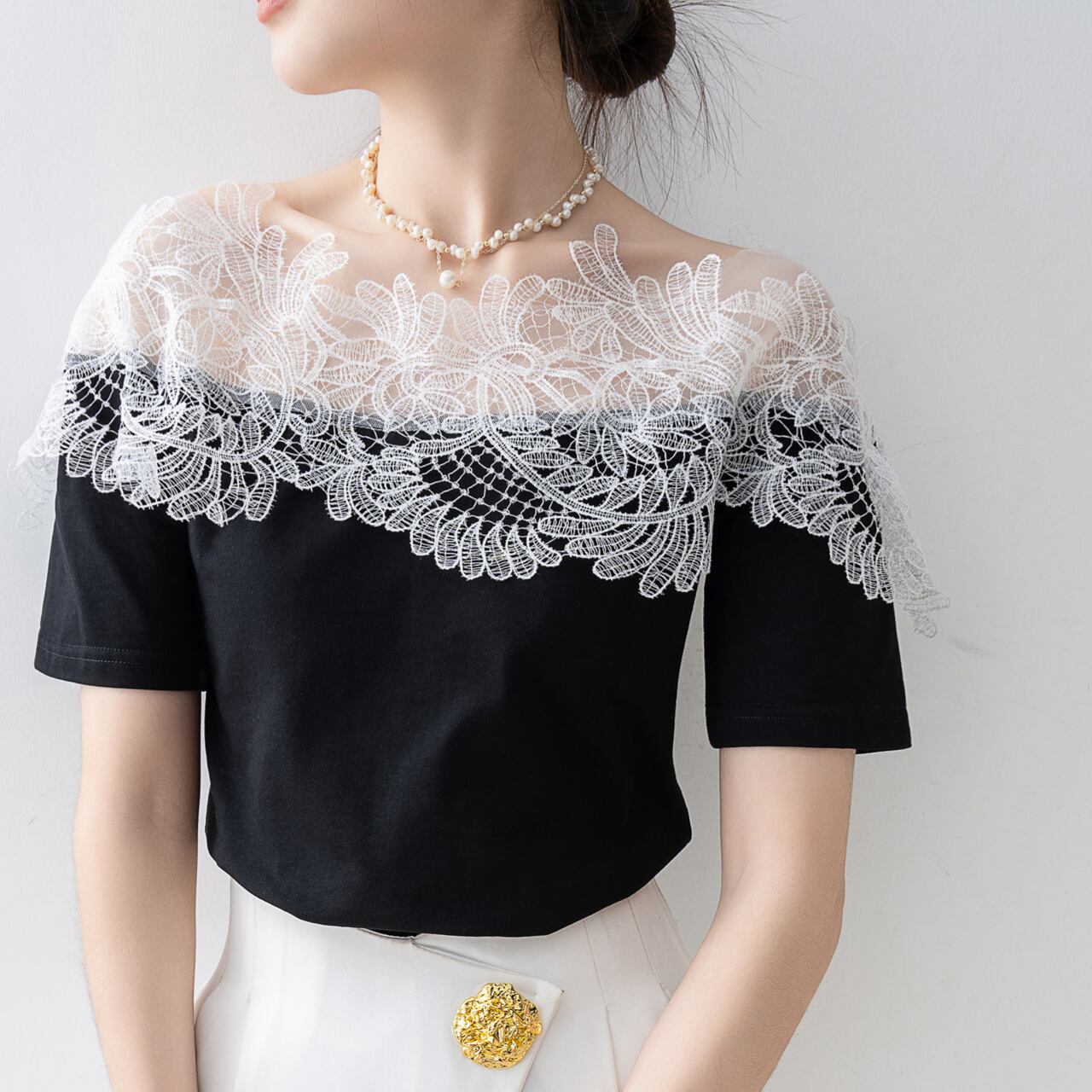 オーバー レース オフショル トップス