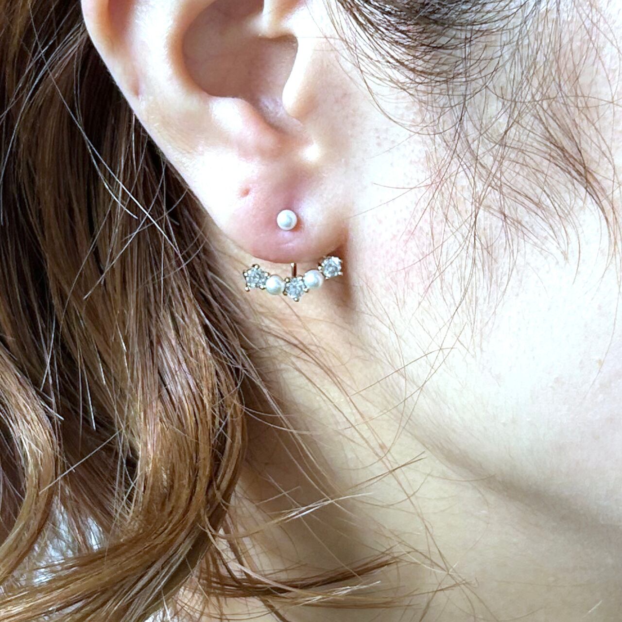 チタンポストピアス：ミックスライン バックキャッチピアス パール 