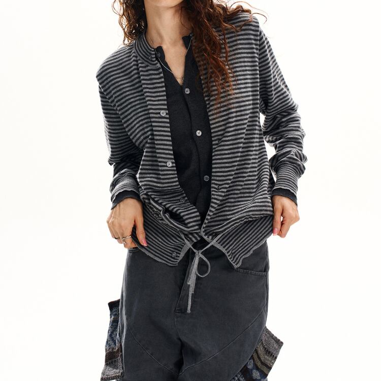 ボーダールーズニットトップス ストリートレイヤード風 L00003