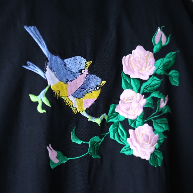 "刺繍" 鳥×花 front and back design black mode shirt