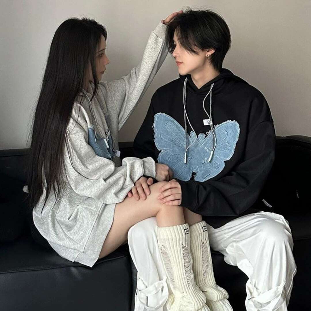 バタフライ パッチワーク スウェット パーカー 韓国 ユニセックス