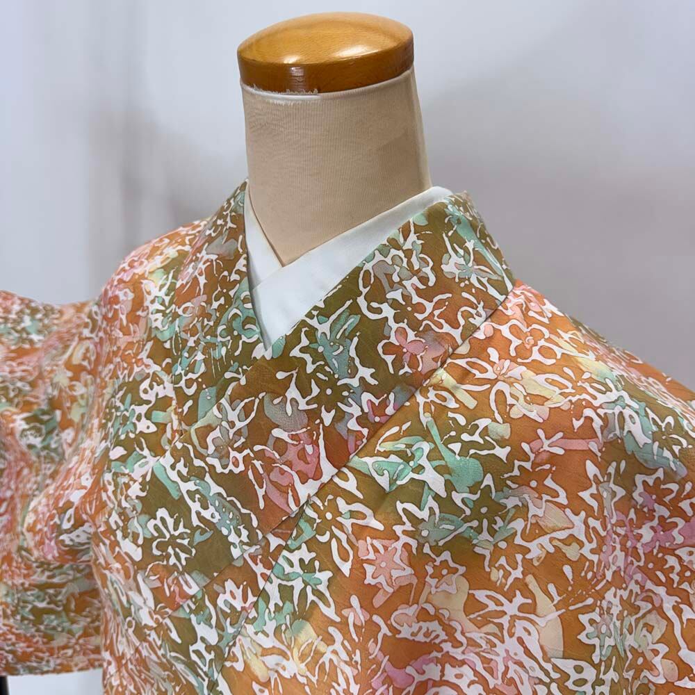 小紋 単衣 洗える着物 裄64.6cm 身丈148.2cm 茶色 花柄 お洒落着 普段着 ポリエステル 美品 M サイズ 5269