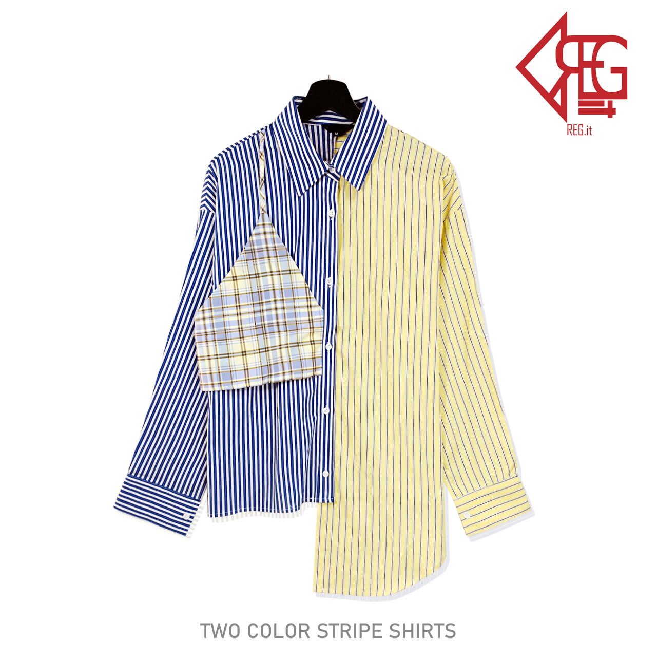 Regit 即納 Two Color Stripe Shirts 韓国ファッション 韓国服 ユニークなシャツ 個性的なシャツ ロングシャツ ストライプシャツ おしゃれ かわいい Regit