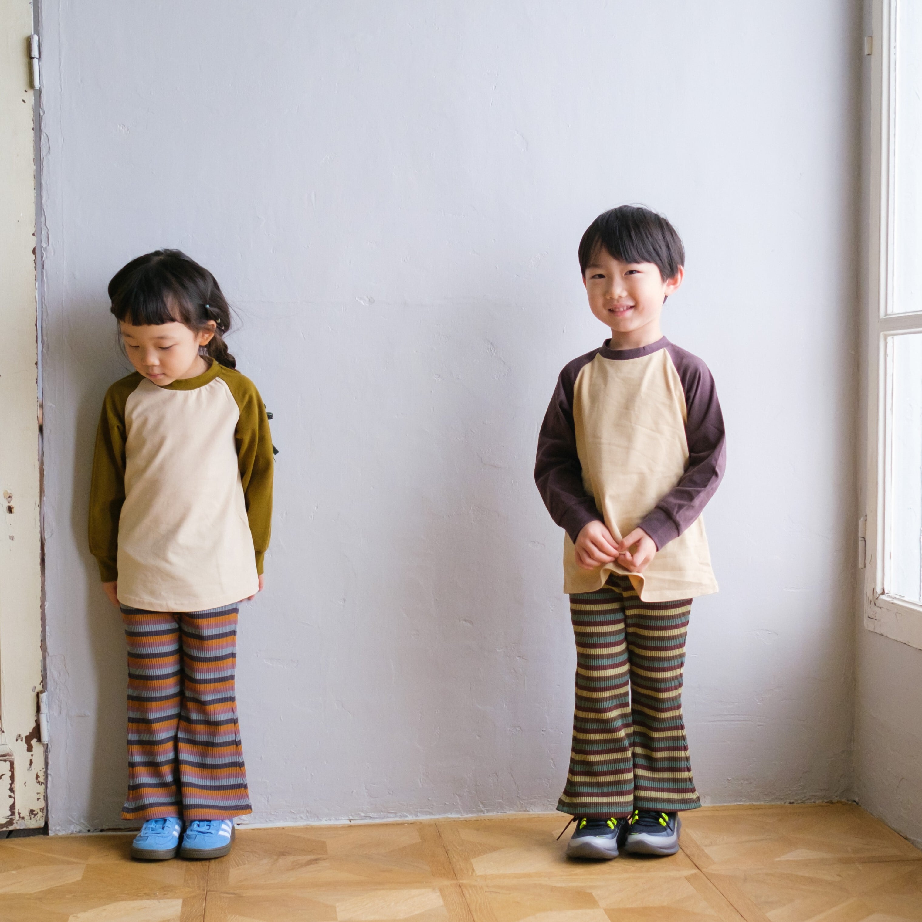 【25AW】&PAL(アンドパル)ボーダーリブパンツ グリーン(80/90/100/110/120)パンツ リブ フレア