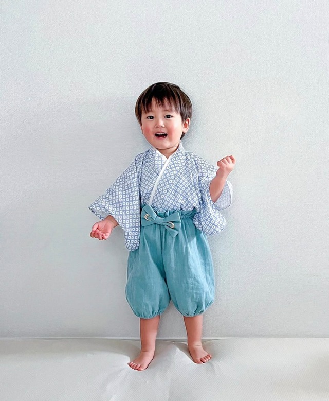 ふんわりガーゼのベビー袴［鹿の子柄×ペールブルー］