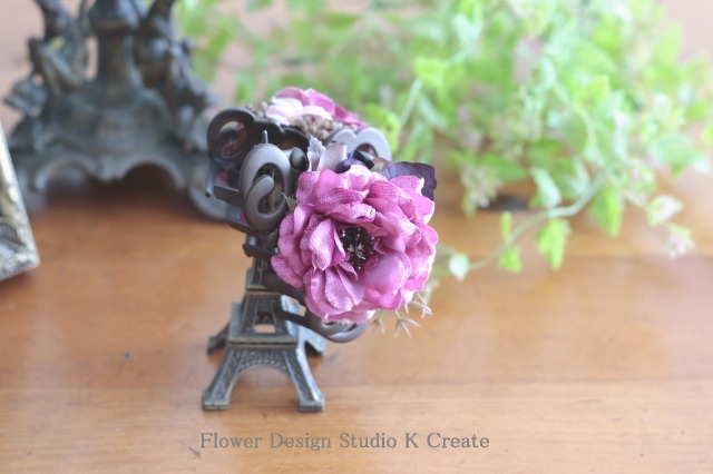 ピンクの薔薇と秋紫陽花のバンスクリップ　髪飾り　ヘアクリップ　ローズピンク　茶　結婚式　参列　フォーマル　バラ　お出掛け