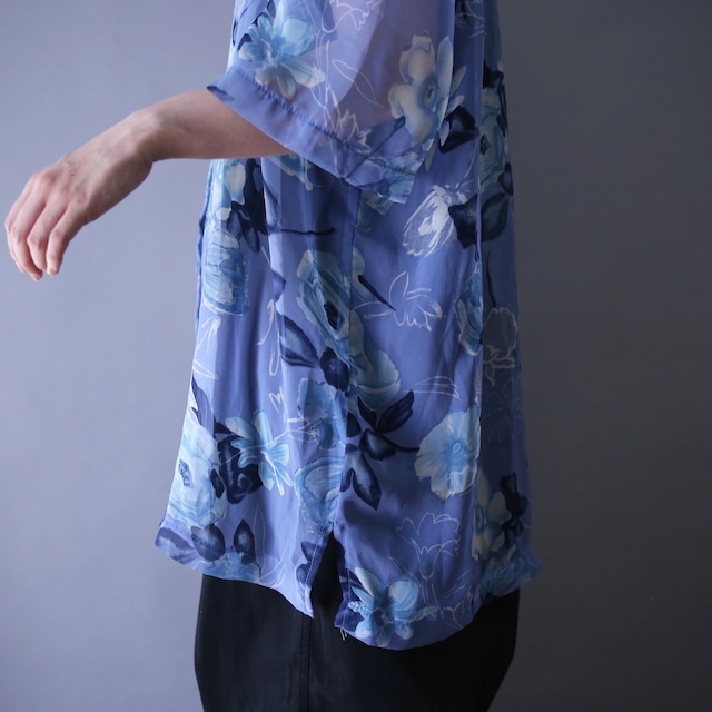 cold color beautiful flower pattern over silhouette h/s see-through shirt