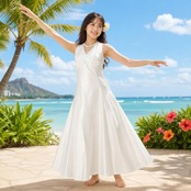 フラダンス 衣装 Hau'oli ワンピース ホワイト系 白 無地 シンプル 光沢感 リボン ハワイアン アロハ フラ ダンス レッスン 練習 ハワイアンダンス 練習着 レッスンウェア ダンス衣装 華やか さわやか かわいい おしゃれ 上品 大人っぽい 発表会 ステージ衣装 スリット