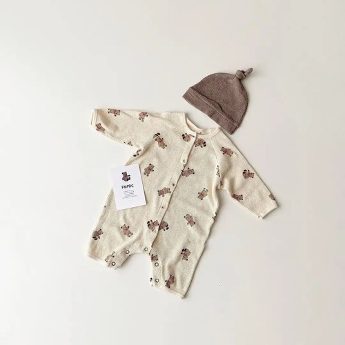 bear print waffle coverall 〝beige〟