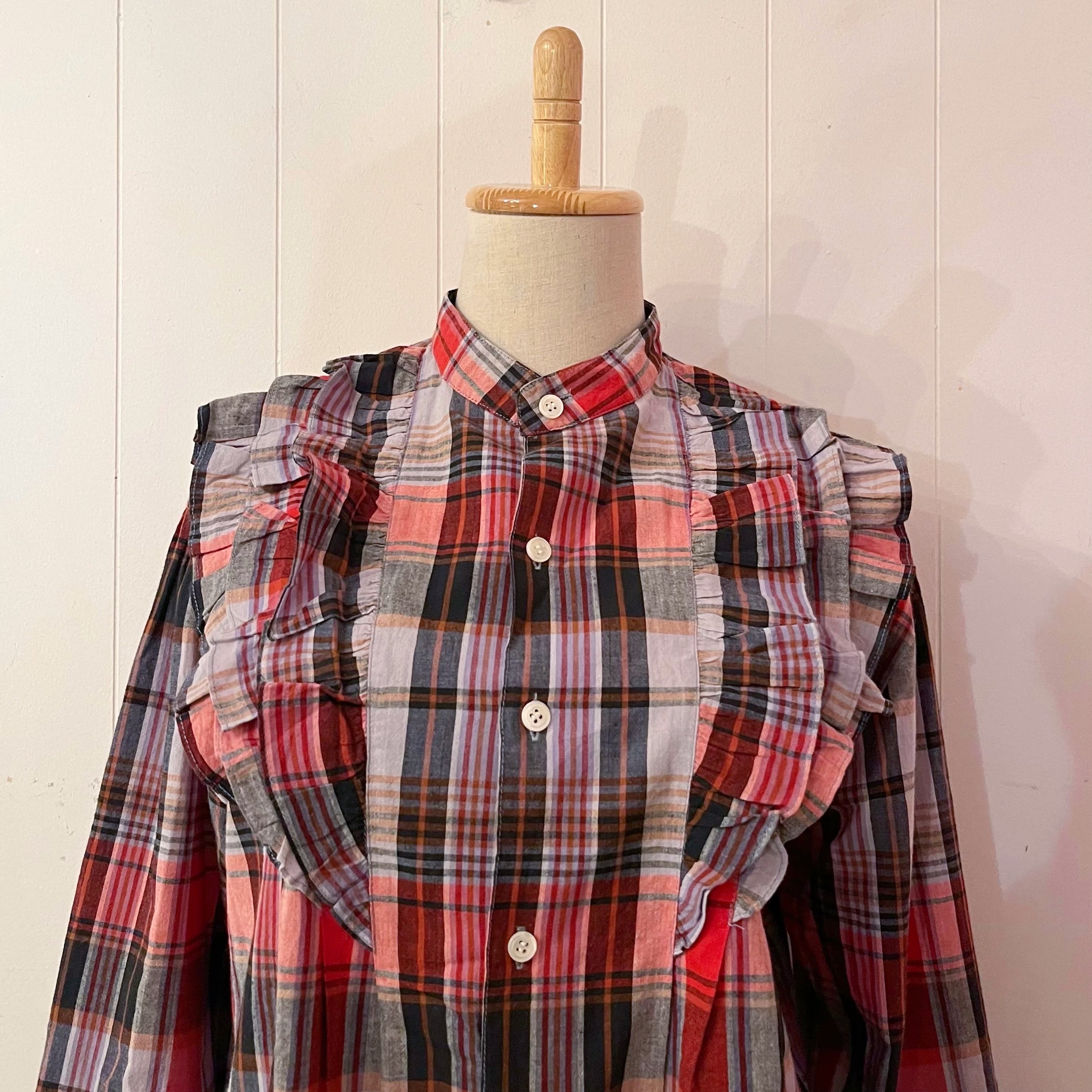 red black check frill blouse
