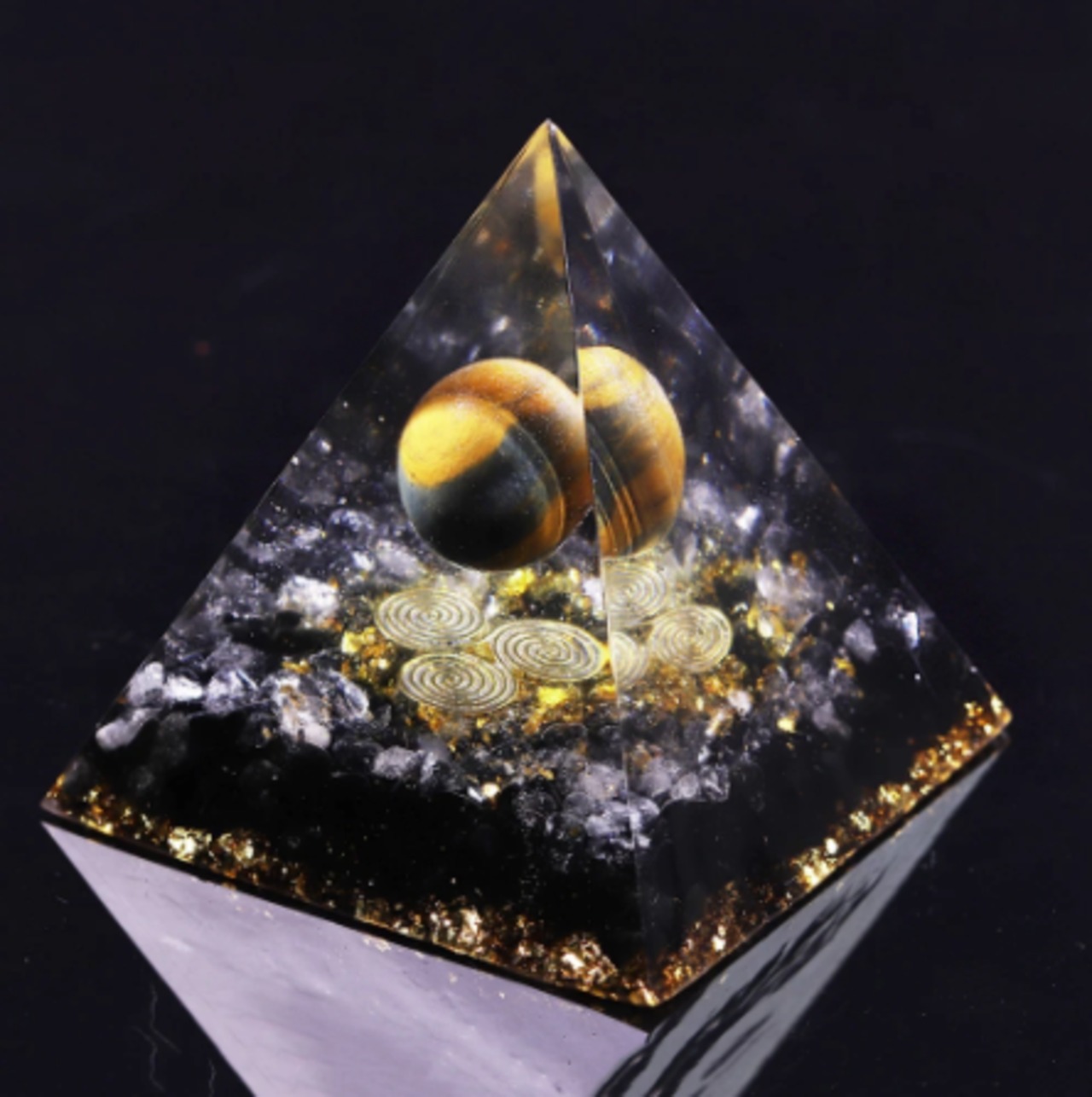 オルゴナイト 金運 タイガーアイ ピラミッド型 金運の願掛け 金運・仕事運】オルゴンピラミッド 7cm タイガーアイ＋黒曜石＋