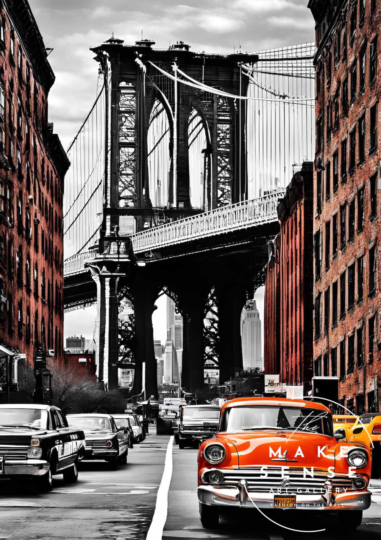 Manhattan Soul Drive｜ブルックリンブリッジを駆け抜けるクラシックカーのアートポスター｜都会と情熱の融合A3ポスター