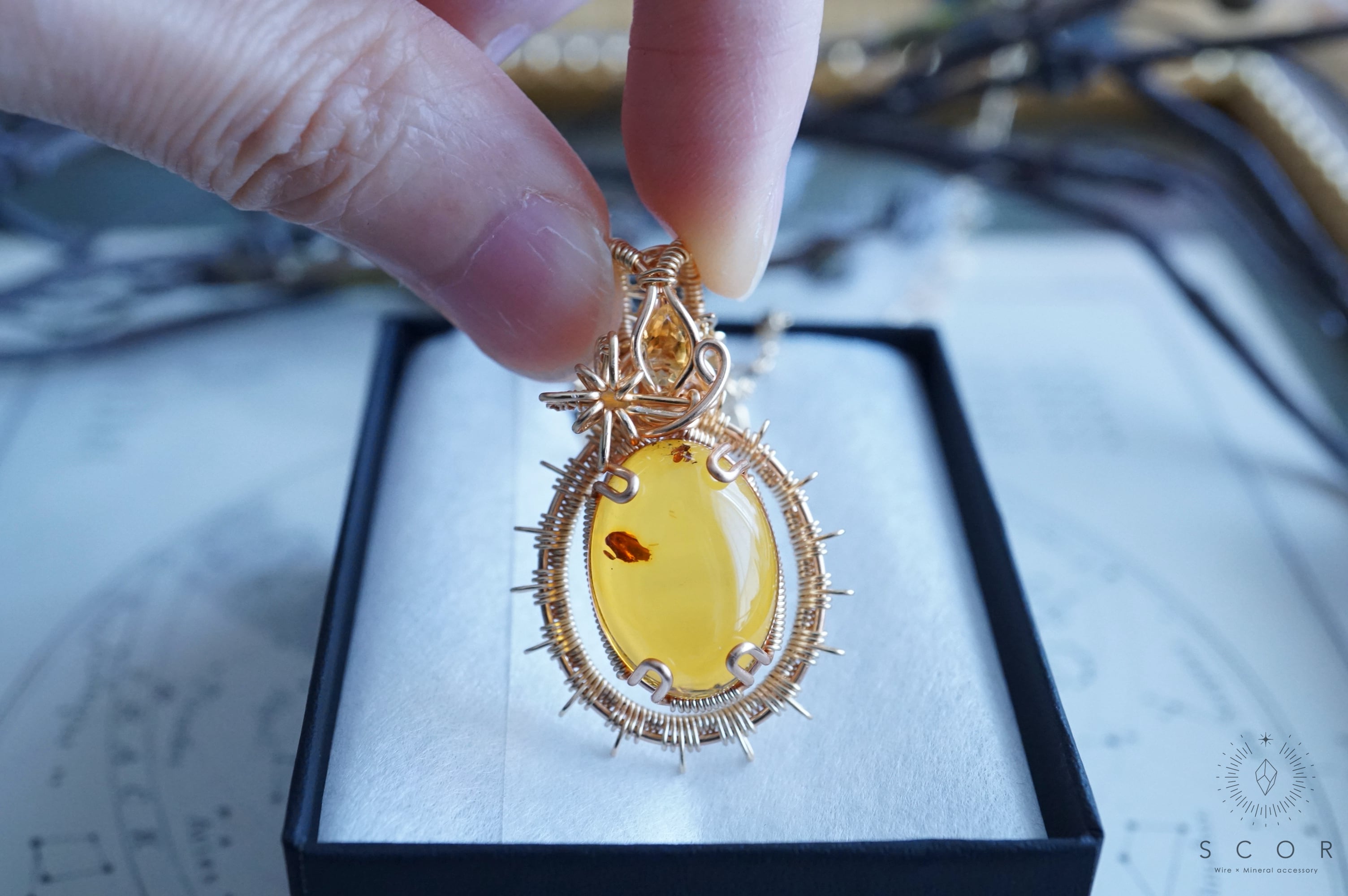 【動画あり】Halo - 金葉星 (pt595-ac-g)(アンバー・シトリン ペンダントトップ)