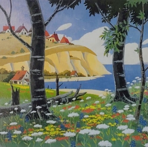 【水彩画/送料込】イシヤマ マリオ 石山 毬緒（イシヤママリオ）「海風景」 版画 額縁外寸31.8x31.8x2