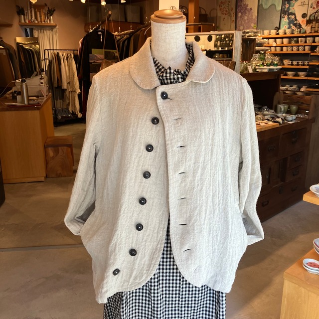 ラウンドカーディガンジャケット　リラックス　リネンウールエクリュ　Sa-Rah