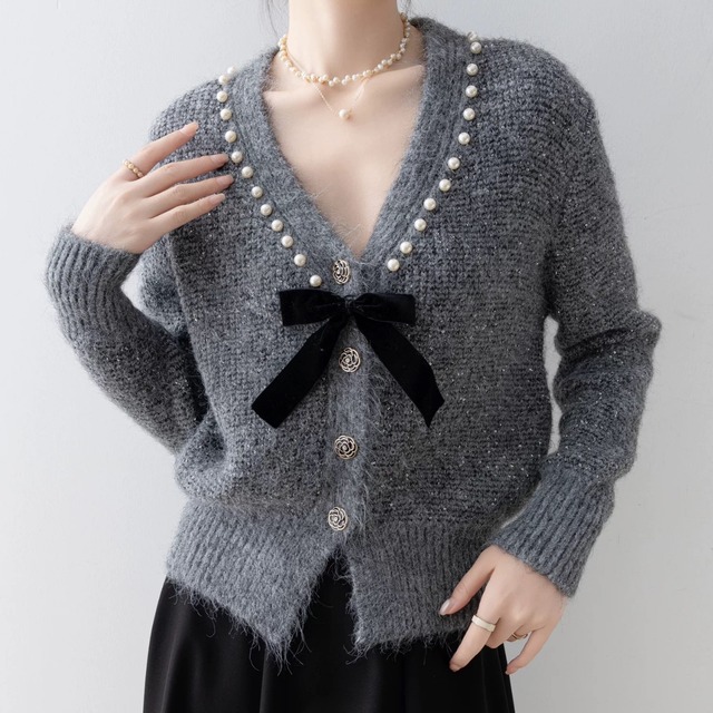 リボンポイントニットカーディガン　W00369