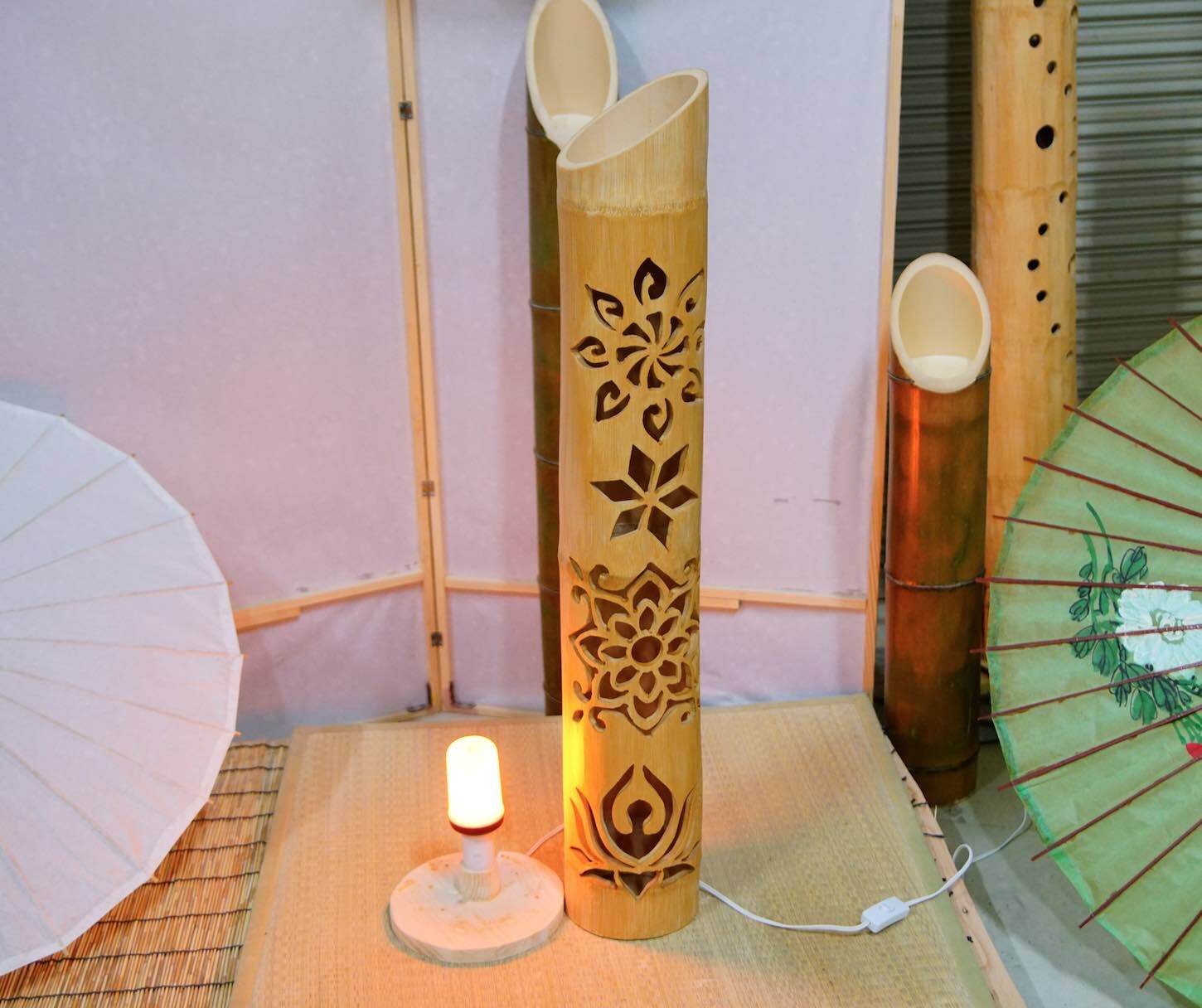 極太竹灯籠　両面彫り　竹灯り 竹ランプ　　炎のゆらめき〜〜桜木〜〜 極太竹灯籠 両面彫り 竹灯り 竹ランプ 炎のゆらめき〜〜桜木