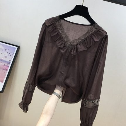 フラワーレース ブラウス 黒 XL シアー シースルー 長袖 ガーリー 上品