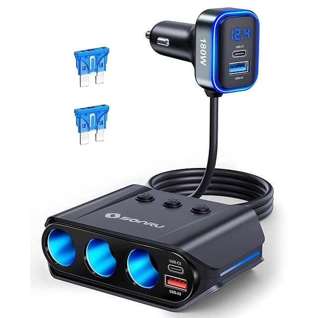 BESTEK シガーソケット 180W 3連 車 USB 増設 カーチャージャ 車載充電