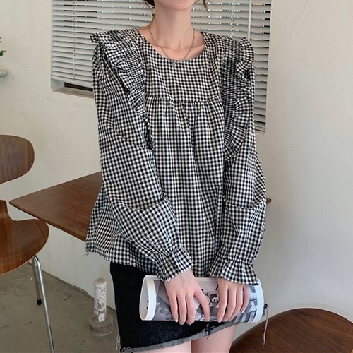 ウンドネックチェック柄スリーブシャツ T-132