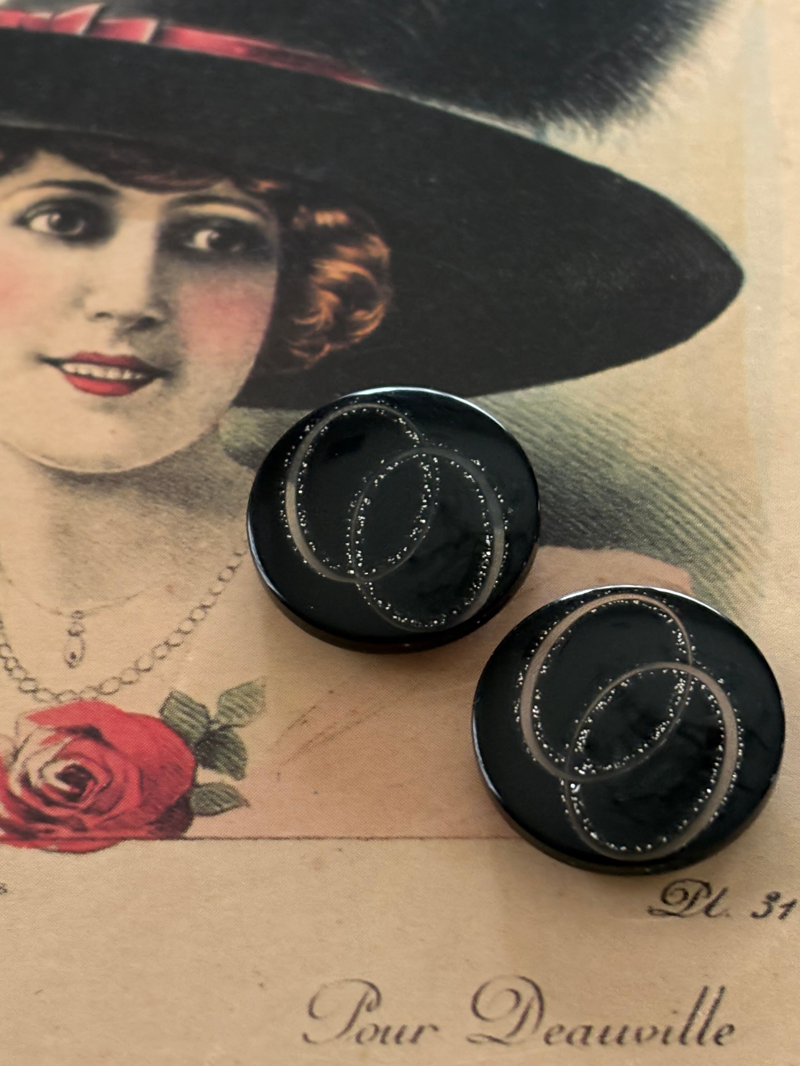 20mm Japanese ヴィンテージボタン ブラック×シルバー 樹脂ボタン レトロ アクセサリーパーツ 装飾材 カルトナージュ