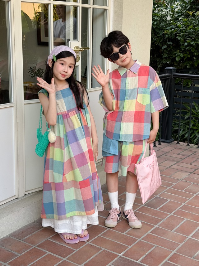 【兄妹服】カラーチップチェックセットアップ/ワンピース - 10