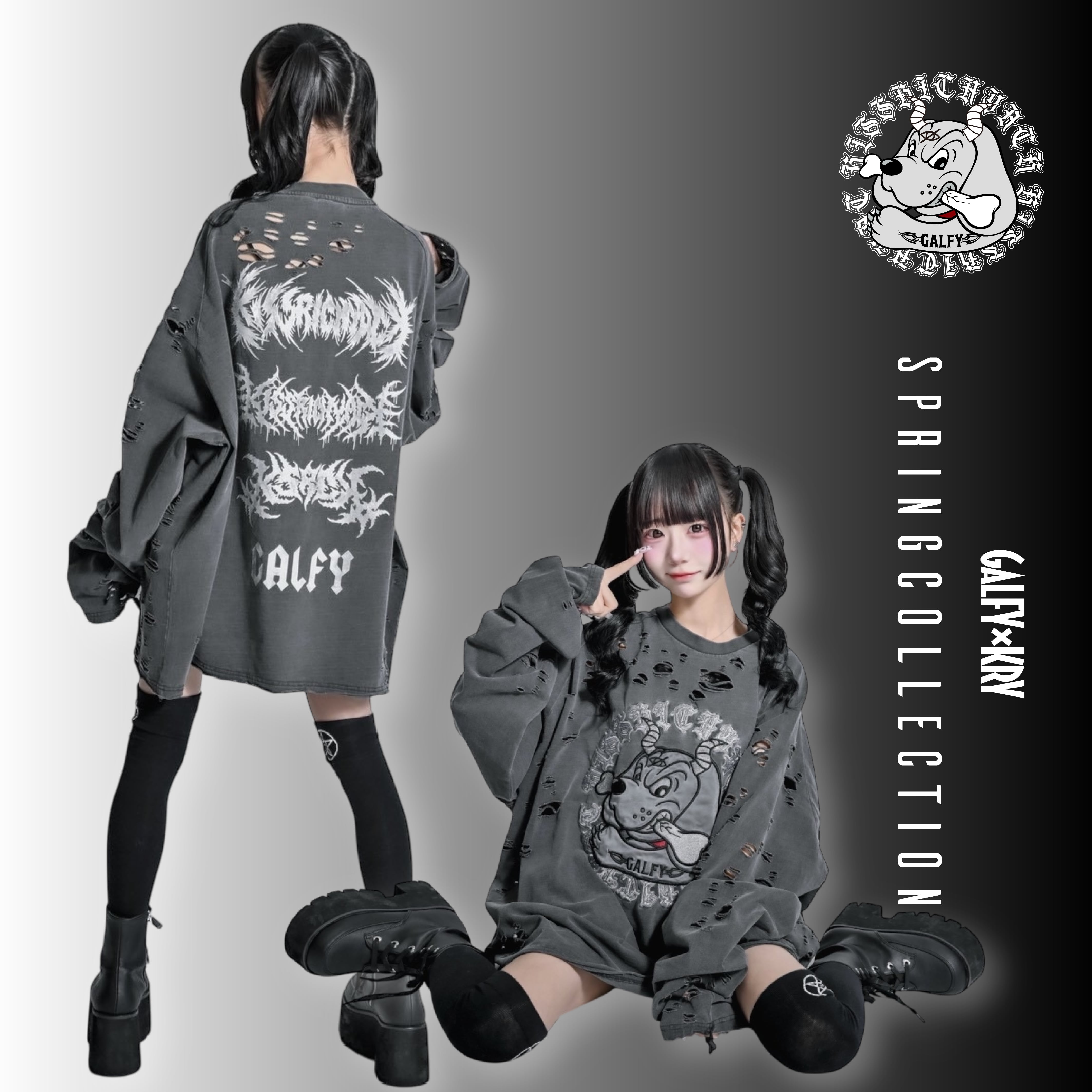 GALFY KRYコラボ「大萌袖ブリーチぼろぼろT」 ブラックパープル 即納】「大萌袖ブリーチぼろぼろT」 | KRY clothing