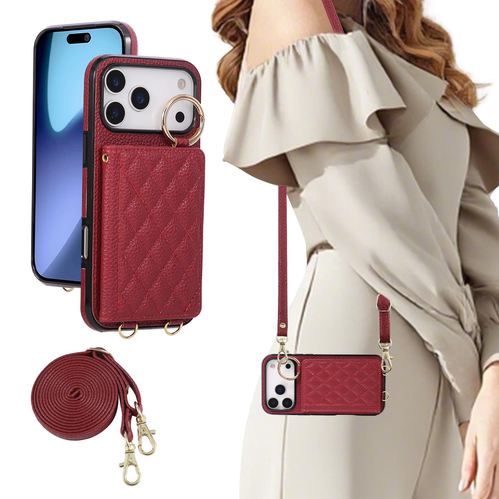 Gedurya iPhone 18 Pro ケース 手帳型 背面カード収納 ショルダー いphone18pro 用 背面ケース 肩掛け あいふおん18pro スマホケース 首掛け 斜め掛け アイフォン18プロ 携帯カバー 財布付き スタンド機能 マグネット式 チェック柄 リング付き (レッド)