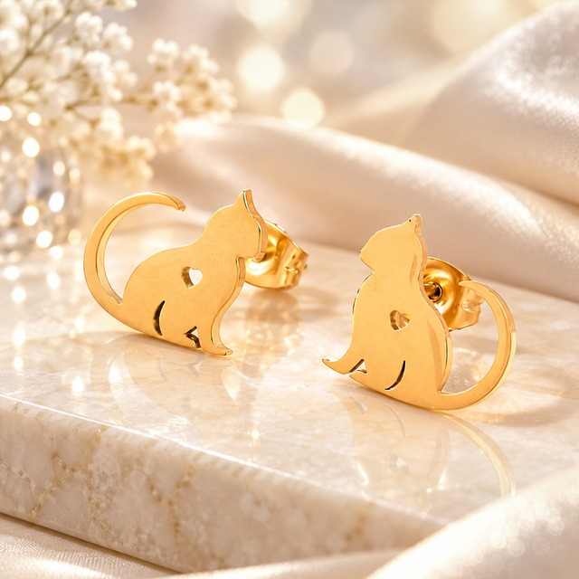 ネコ ピアス ゴールド 44 金属アレルギー対応 ステンレス 両耳セット レディース 小ぶり 猫モチーフ ネコ 猫 ねこ