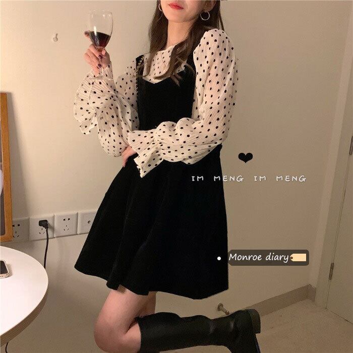 スタンダードスカート オータムウィンターブラックベルベットドレス レトロ 秋物 冬物 モンロー11589443971