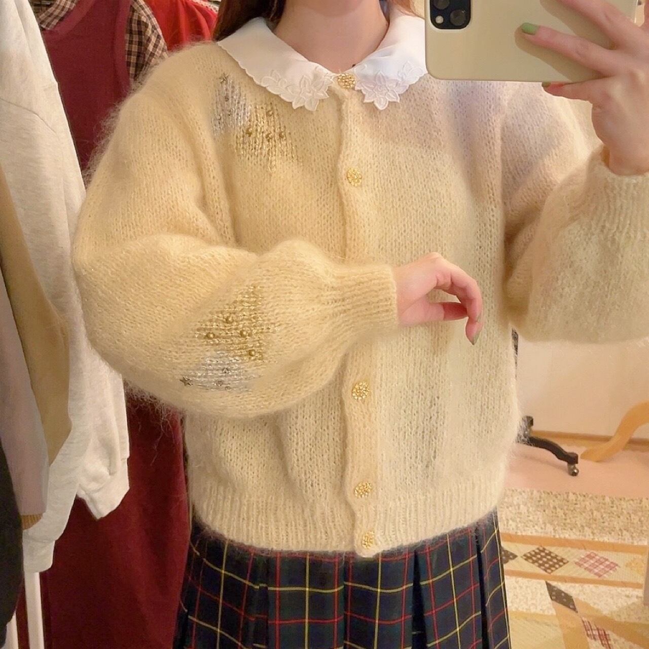 lame tree cream knit cardigan