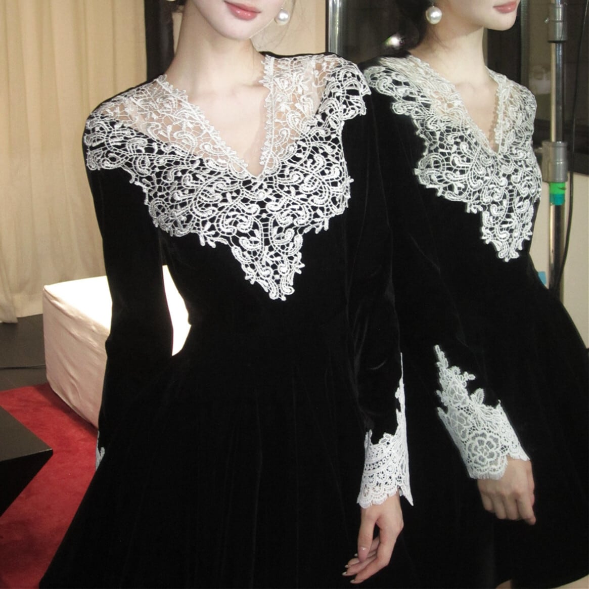 【dress】レーストリミングベロアワンピース N3476