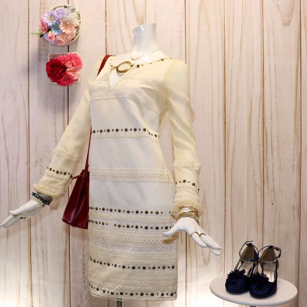 パオラフラーニ シルクワンピース M 長袖 スタッズ クリームベージュ