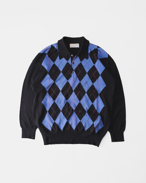 [1970s-1980s] "JOHN SMEDLEY" Sea Island Cotton Intarsia Argyle Knit Polo (Made in England)