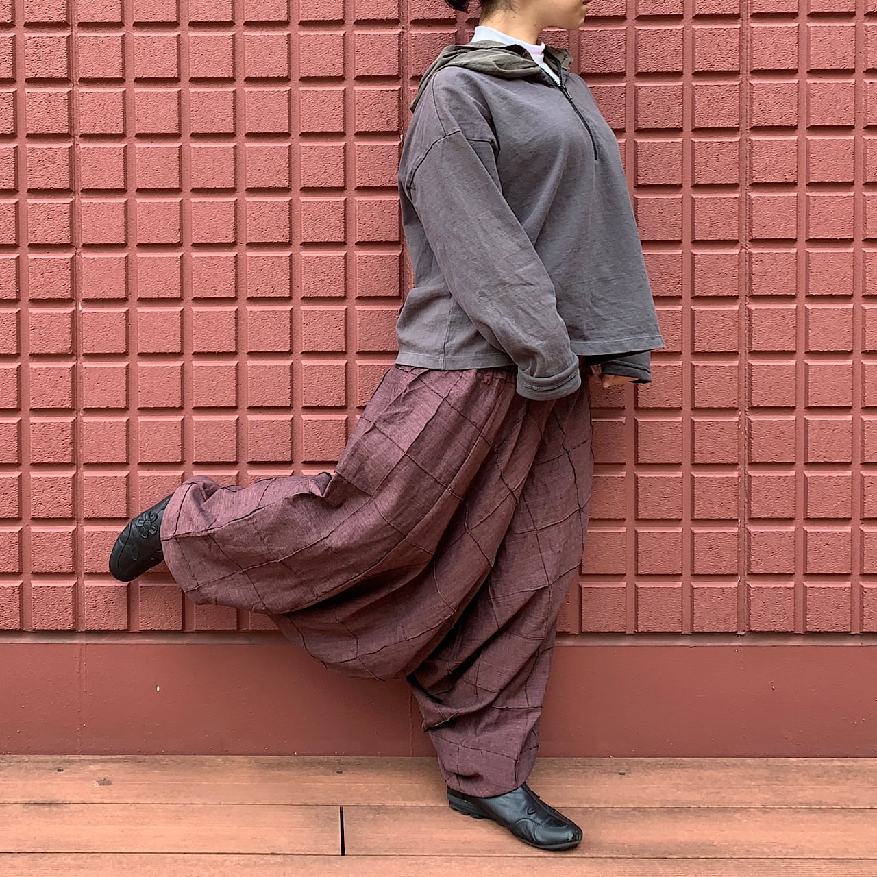 ラスト1点！】サルエルパンツ スクエアピンタック コットン ブラウン