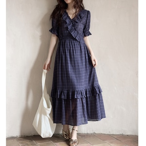 ruffled check wrap long dress