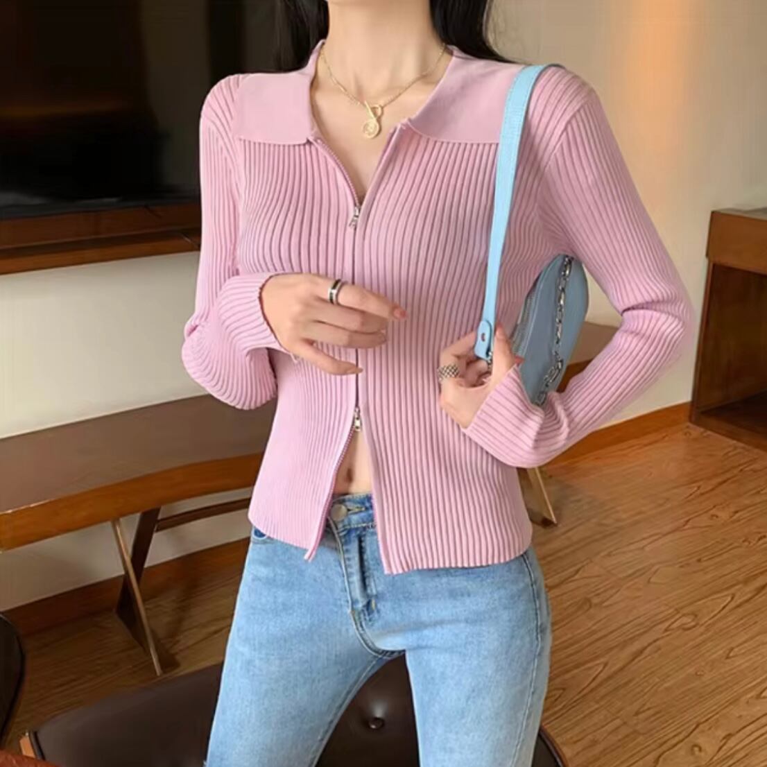 カラーネックリブジップニット