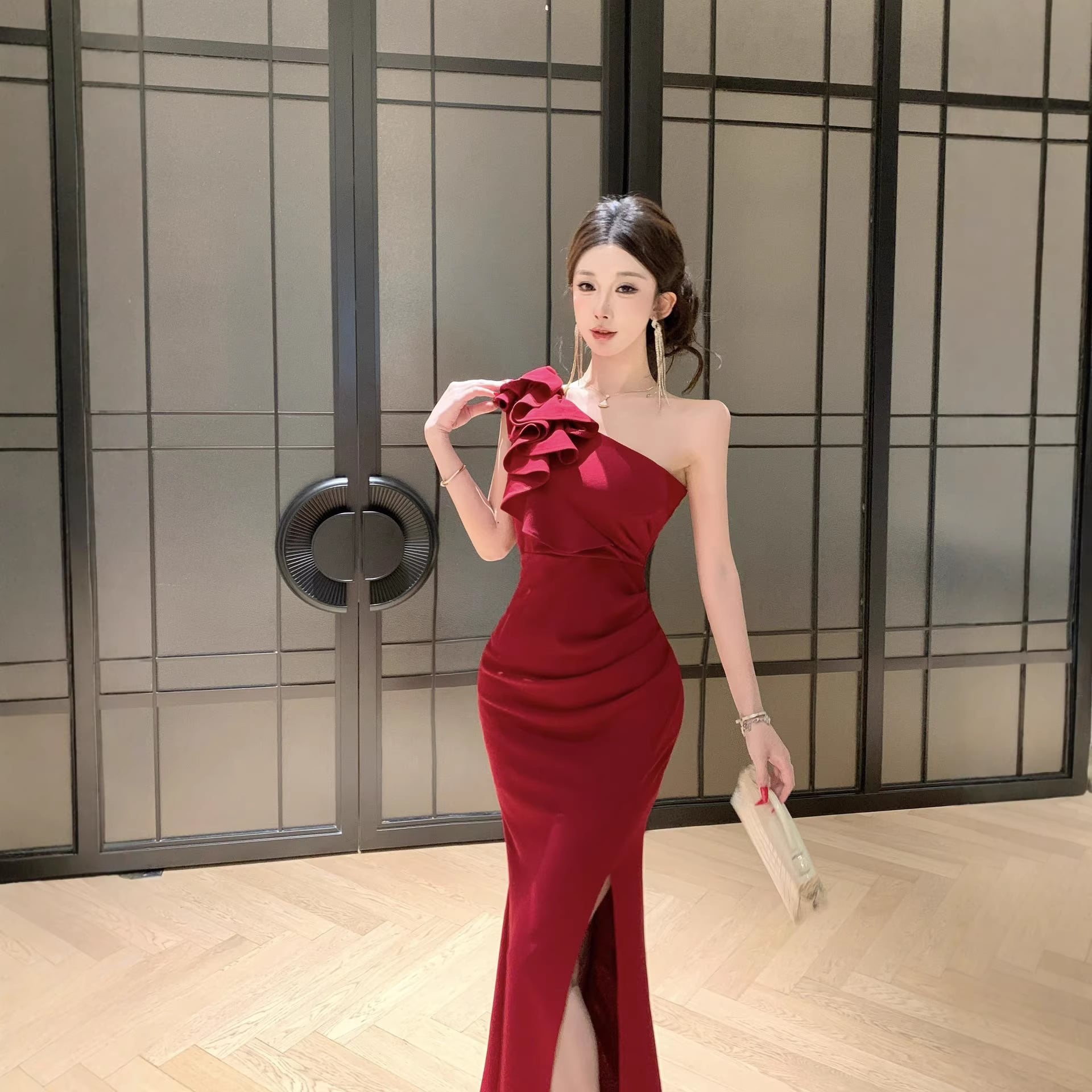 2色】ロングドレス キャバドレス セクシー ワンショルダー ボディコン