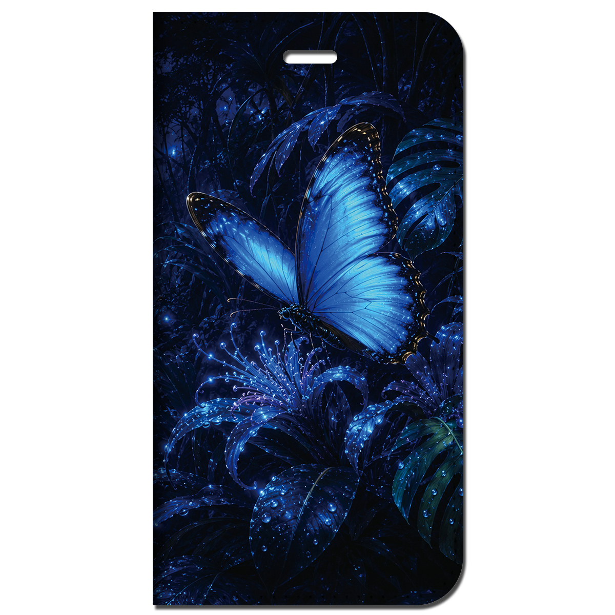 iPhone対応 スマホ 手帳型ケース 夏 モルフォ蝶 蝶 ボタニカル 発光植物 ミッドナイトブルー ネオンブルー モード クール 漆黒 サイバー トロピカル 夜 幻想的 ギフト スマホケース スタンド 【iPhone17 / iPhone16e / iPhone16 他 iPhone各機種対応】 |iasmmn02