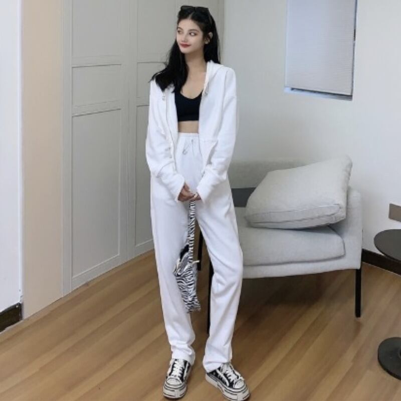 スプリングジッパーショートフードジャケット ソリッド カラーカジュアルパンツ レディース 春物 ソリッドカラー YY-ファッション2244420435