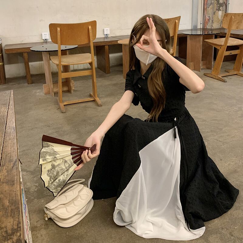 モノトーンワンピース ワンピ チャイナドレス風 半袖 ロング Aライン シンプル ガーリー レトロ 韓国ファッション S L Luluca 韓国 トレンドファッションluluca ルルカ