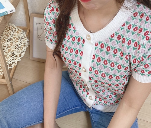 《即納》フラワーニットトップス(半袖)　　　　《韓国ファッション　オルチャン》