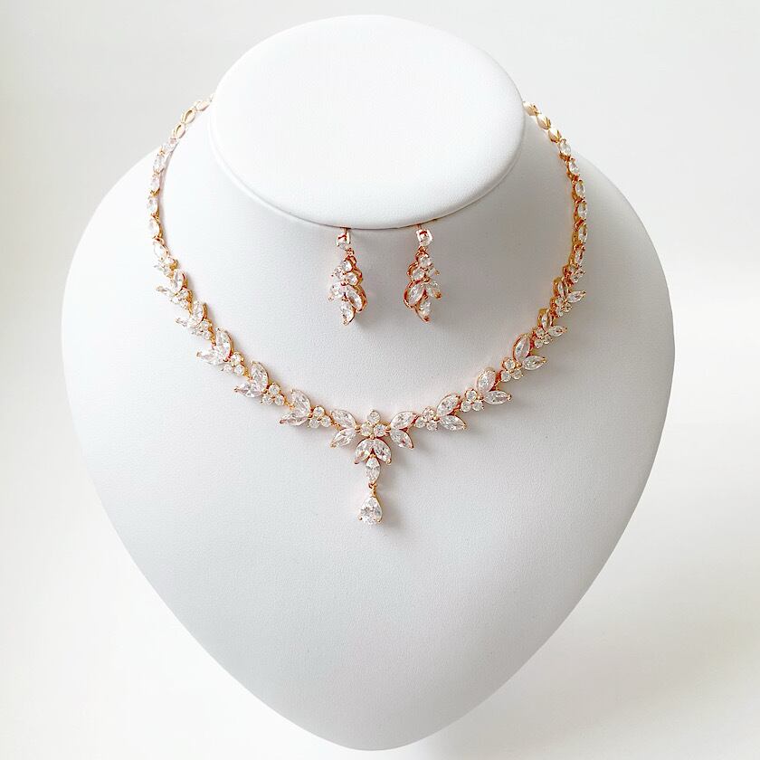 Czps7 キュービックジルコニア ウェディング アクセサリー セット ピアス パーティ ブライダル シンプル 大人花嫁 ピンクゴールド Moebridal