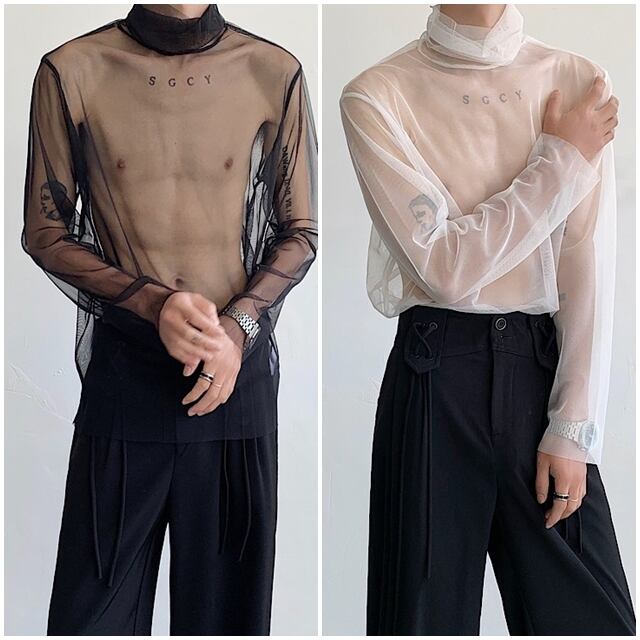 【予約販売】シャツ 長袖 シアー トップス ハイネック シースルー 透け感 メンズ ホワイト ブラック 無地 こなれ感 カジュアル シンプル モード お洒落 こなれ感 韓国 トレンド 春 夏 M/L/XL/2XL