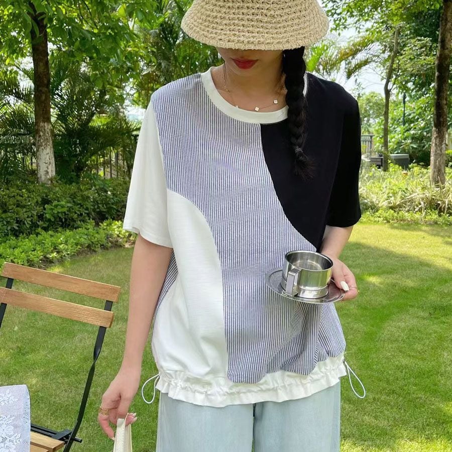 STRIPED DRAWSTRING LOOSE SHORT SLEEVE T-SHIRT M-17301