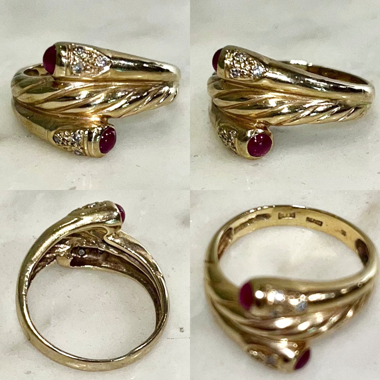 vintage 9ct gold coil ring set with ruby&diamond