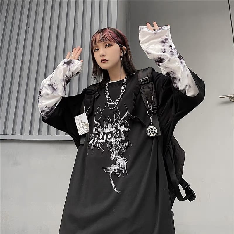 病みかわいい タイダイ染め重ね着風 ロンT 闇み メンズ サブカル