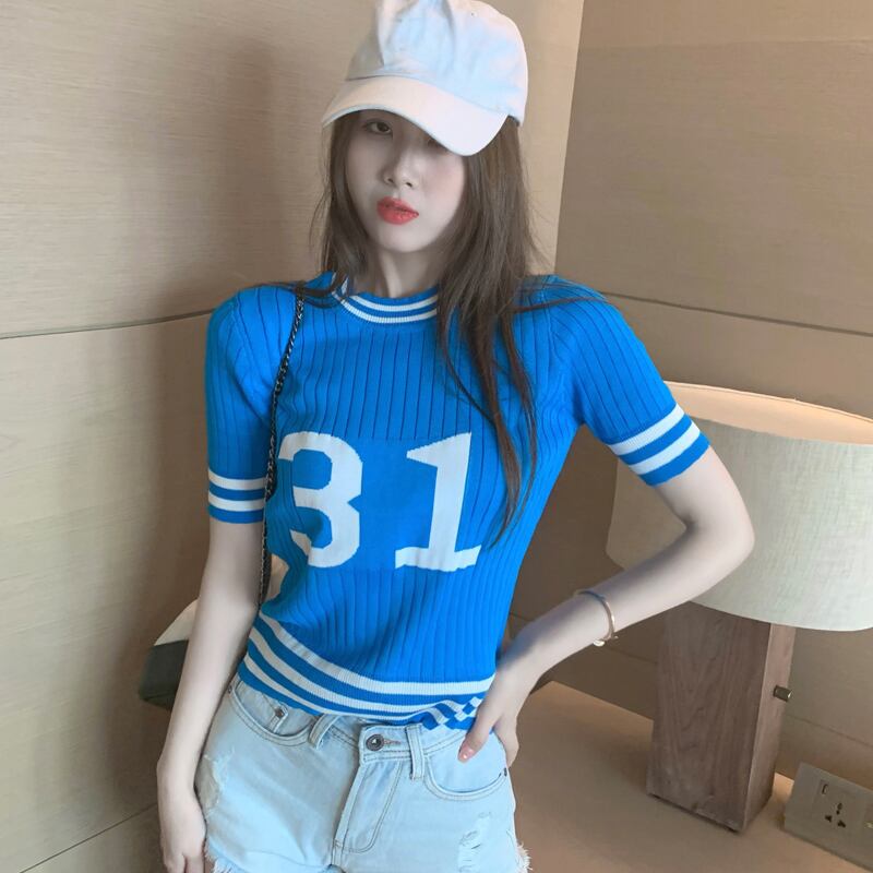 スタイルカラーストライプセーター サマースリム薄手ラウンドネックトップス 夏物 Oネック ハンチェンe69816360814